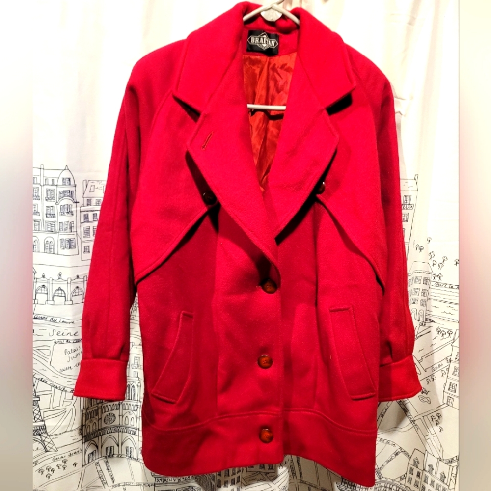 1980s Vintage Braeton Women's Bright Red Wool Coat Made In USA Size 7/8 EUC